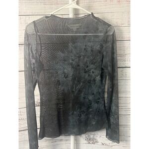 Davi & Dani Floral Mesh Top Long Sleeve Sheer Blouse Black Gray Small‎